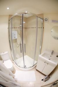 a bathroom with a shower and a toilet and a sink at Detached Cotswold Stone Coach House in Cheltenham