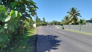 an empty road with palm trees on the side of the road at Herons Reef Holiday Apartments in Rarotonga