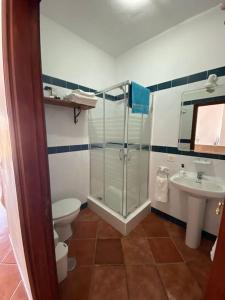 y baño con ducha, aseo y lavamanos. en Apartamento con vistas (La Casita de Luísa), en Mocanal