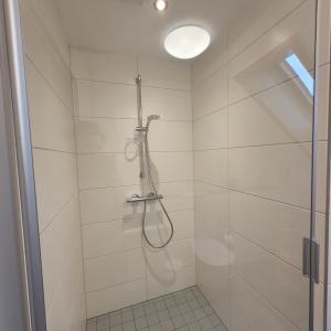uma casa de banho com um chuveiro e uma porta de vidro em Appartement im Schwarzwaldhaus em Hüfingen