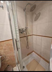 una doccia con porta in vetro in bagno di Apartamento con terraza y parking a Gijón