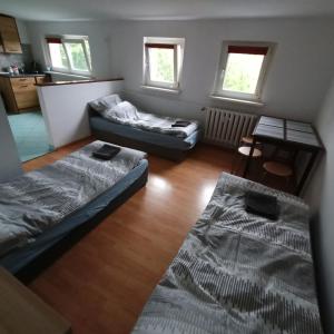 a room with two beds and a table and windows at Odrodzenia 7 in Toruń