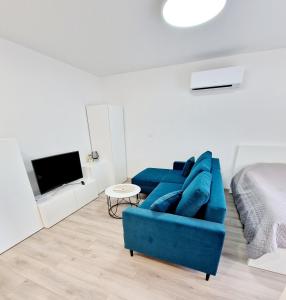 Apartments in Lazdijai في لازديجاي: غرفة معيشة مع أريكة زرقاء وسرير
