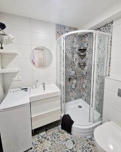 bagno con doccia, lavandino e servizi igienici di Apartments in Lazdijai a Lazdijai