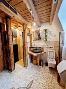 a bathroom with a sink and a toilet at Wood & Stone Lodge 3 in Donaueschingen