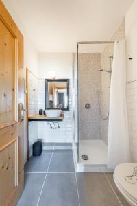 uma casa de banho com um chuveiro e um lavatório. em Urlaub am Jauerling 