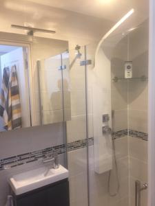 a bathroom with a shower and a sink and a mirror at Petit Luxe in Mortroux +25 photos