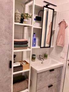 uma casa de banho com um lavatório e um espelho em Apartment for 2 in Margareten em Viena