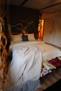 a bedroom with a large bed with christmas lights at The Serenity House in Nar