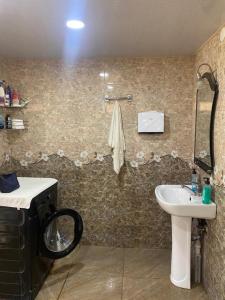 a bathroom with a sink and a toilet and a mirror at Guest House Balda in Martvili