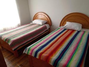 - 2 lits dans une chambre avec une couverture colorée dans l'établissement Tukuypaj Amantani, à Ocosuyo