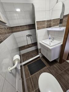 łazienka z toaletą i umywalką w obiekcie Noclegi nad jeziorem BUDEX w Nysie