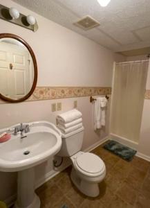 een badkamer met een wastafel, een toilet en een spiegel bij Rocky Hill Inn in Smiths Grove