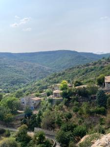 Saint-Martin-le-Supérieurにあるgîte de Champoulasの山を背景にした丘の上の村