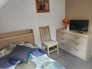 ein Schlafzimmer mit einem Bett und einer Kommode mit Fernseher in der Unterkunft OK Relax in Rybaki + 32 Fotos