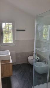 a bathroom with a sink and a toilet and a glass shower at Villetta con giardino in Genova