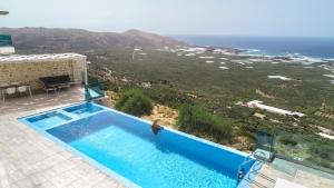 a person standing in a swimming pool next to the ocean at Nafsika Xenia - Alkinoos Villa in Plátanos