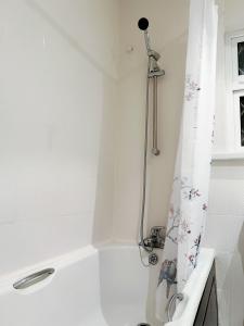 a shower in a white bathroom with a shower curtain at Marlay Grange Luxury Guest House in Dublin