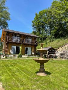 a bird bath in the yard of a house at Dva Braty eco in Podobovets