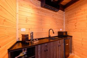 a kitchen with a sink in a wooden wall at בקתות שוויצריה הקטנה בכרמל in Haifa