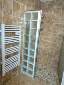 La salle de bains est pourvue d'une douche et d'une étagère en verre. dans l'établissement Domaine de Minodier - Gite 6 pers. (Chez Maryline), à Ardoix