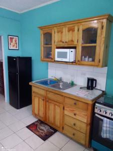a kitchen with a sink and a black refrigerator at The Couples Inn in Montego Bay