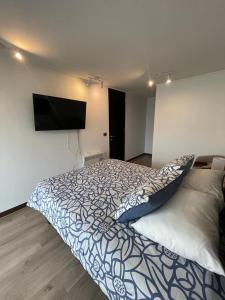 ein Schlafzimmer mit einem Bett und einem Flachbildfernseher in der Unterkunft 2 dormitorios a pasos de la CLC in Santiago