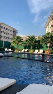 a large swimming pool with palm trees in a building at Amanda and Cossette Staycation in Marilao