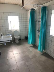 Morsø Friluftscenter في Erslev: حمام مع مرحاض ودش مع ستائر زرقاء