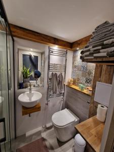 a bathroom with a toilet and a sink at Apartment Emilia in Świdnica