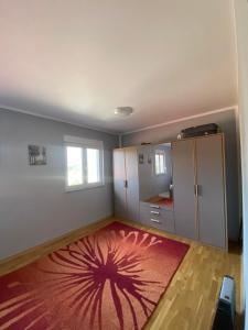 pusty pokój z czerwonym dywanem na podłodze w obiekcie Apartman Jana w mieście Trebinje