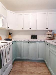 a kitchen with blue and white cabinets and a counter top at Bright 3 bed 3 bath House in Radium Hot Springs in Radium Hot Springs