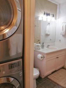 a bathroom with a sink and a washing machine at Bright 3 bed 3 bath House in Radium Hot Springs in Radium Hot Springs