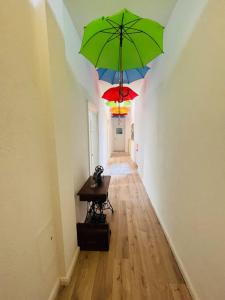 卡爾斯魯厄的住宿－Künstlerisches Apartment，走廊上挂着两把绿色遮阳伞,挂在天花板上