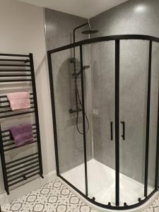 um chuveiro com uma porta de vidro na casa de banho em Tummock Studio perfect for exploring the North coast em Kilraghts