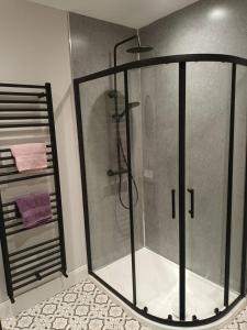 a shower with a glass door in a bathroom at Tummock Studio perfect for exploring the North coast in Kilraghts