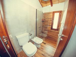 ein kleines Bad mit einem WC und einer Dusche in der Unterkunft Pucara Lodge 1D in Tilcara