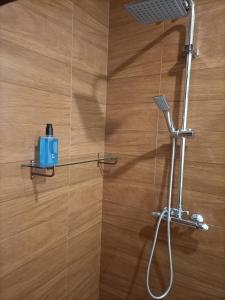 eine Dusche mit einem blauen Seifenspender an einer Holzwand in der Unterkunft Apartamento Esperanza in Sevilla
