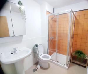 La salle de bains est pourvue de toilettes, d'une douche et d'un lavabo. dans l'établissement GreenHouse, à Sardina