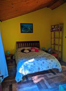 1 dormitorio con 1 cama en una pared amarilla en Pousada Bella Ana, en Visconde De Maua