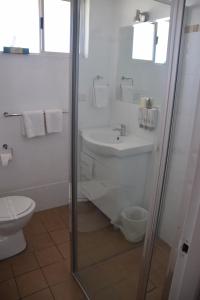 a bathroom with a toilet, sink, and shower at Best Western Coachman's Inn Motel in Bathurst