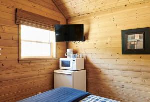 Zimmer mit einem Kühlschrank und einem TV an der Wand in der Unterkunft Klondike Kate's Cabins in Dawson City