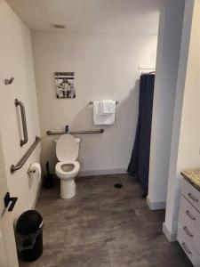 a bathroom with a white toilet and a shower at The Best Spot in Downtown St. Louis!! in Saint Louis