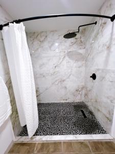 La salle de bains est pourvue d'une douche en noir et blanc. dans l'établissement 3050 Place, à San Juan