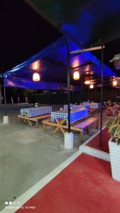 a group of benches under a blue canopy at night at Finca Hotel Zona Franca in Rionegro