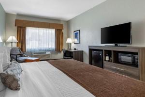 Best Western PLUS Victoria Inn & Suites في فيكتوريا: غرفة فندقية بسرير وتلفزيون بشاشة مسطحة