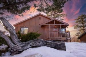 een boomstam voor een huis in de sneeuw bij Rather Be Mountain Getaway in Big Bear Lake