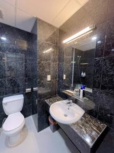 ein Badezimmer mit einem WC, einem Waschbecken und einem Spiegel in der Unterkunft Sai Gon Ha Tien Hotel in Hà Tiên