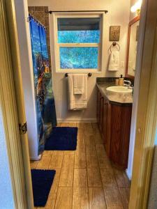 a bathroom with a shower and a sink and a window at Hammersley Inlet- Oyster beach apt, Relaxing Views in Shelton