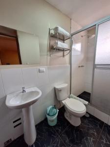 烏魯班巴的住宿－Chaska valle Inn，一间带水槽、卫生间和淋浴的浴室